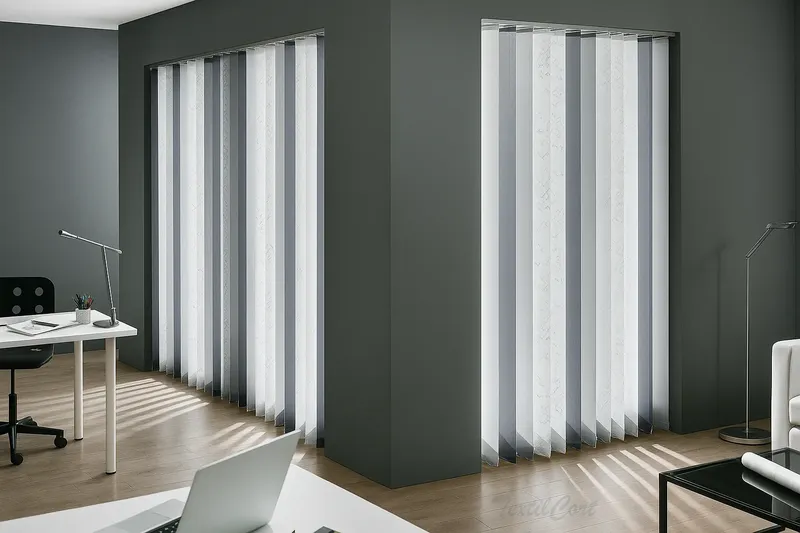 Cortina vertical 21 neutras coordinadas en salon moderno